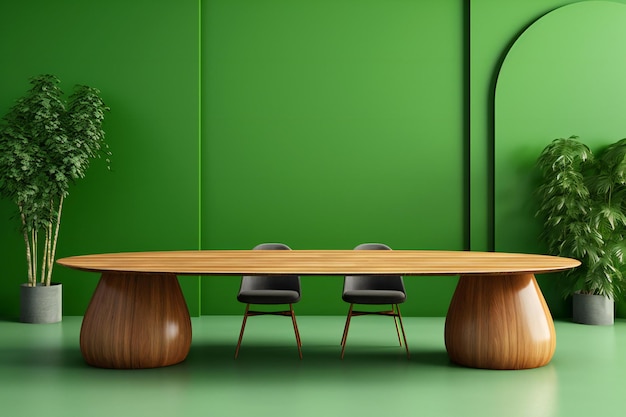 Interior of modern conference room with green walls concrete floor long wooden table and black cha