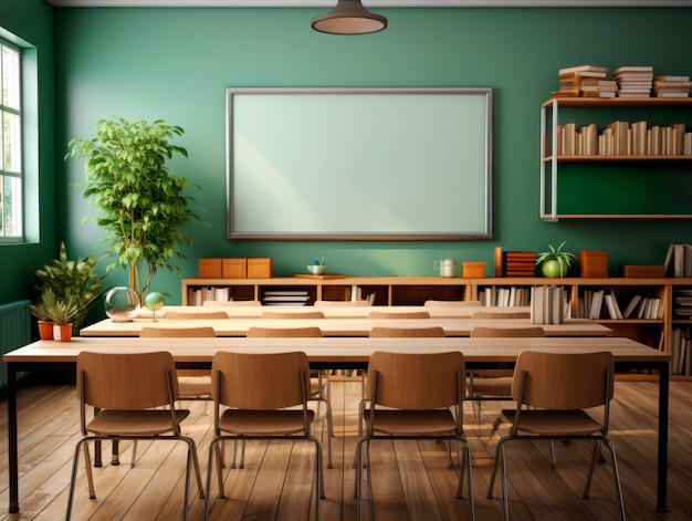 Interior of modern conference room with green walls and wooden floor Generative AI