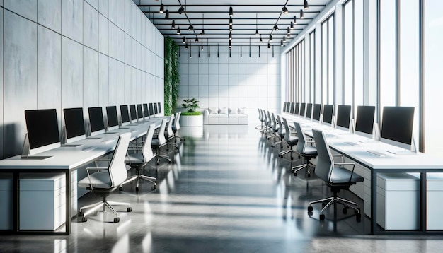 Interior of modern coworking room with white walls concrete floor and rows of computer tables Generative AI