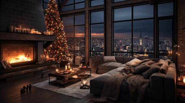 Interior of modern cozy luxurious loft style studio with Christmas decor Blazing fireplace burning candles elegant Christmas tree comfortable cushioned furniture panoramic windows with city view