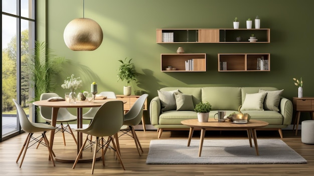 Интерьер современной уютной скандинавской гостиной в зеленых тонах, стильный диван, журнальный столик, деревянный обеденный стол