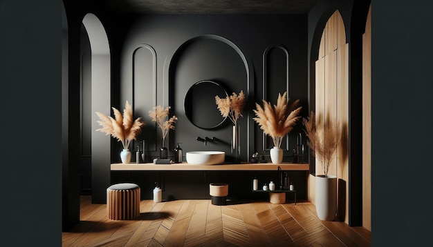 검은색 벽과 나무 바닥을 특징으로하는 현대적인 어두운 욕실의 인테리어는 대담하고