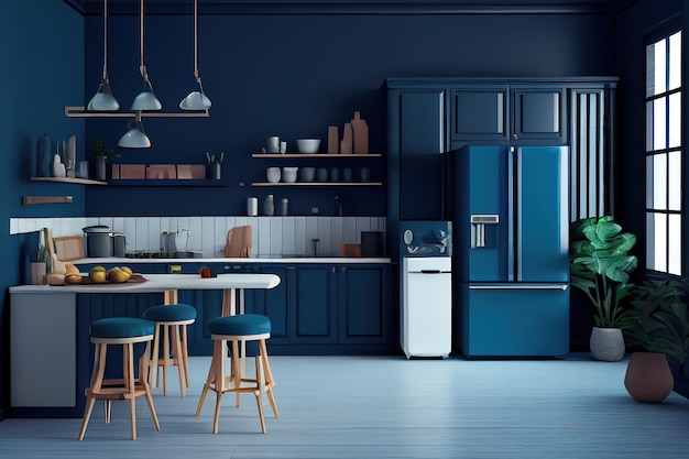 Interior of a modern dark blue bathroom at house Generative Ai