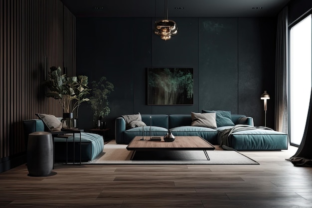 Interior of a modern dark home with an empty wall mockup
