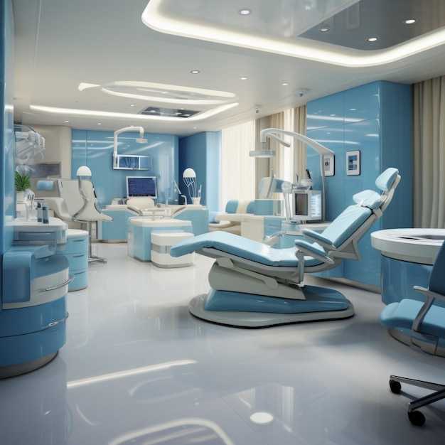 The interior of a modern dental clinic with blue walls and white accents