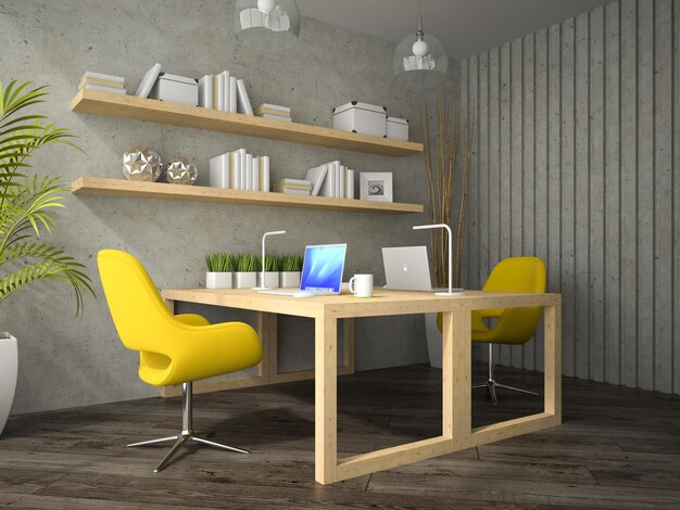 Photo interior of modern design office with two table 3d rendering 2