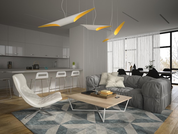 Interior of modern design room 3D illustration