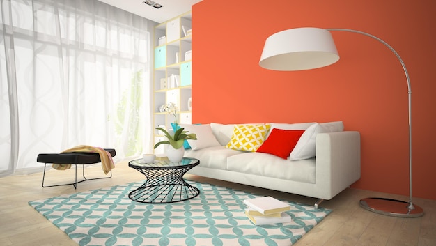 Interno della stanza dal design moderno con vaso rosso rendering 3d 4