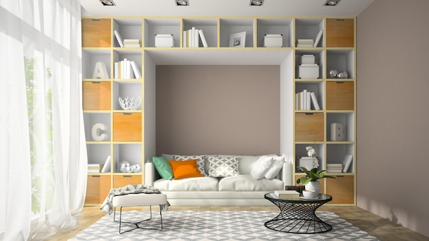 Interior of modern design room with shelf wall 3D rendering