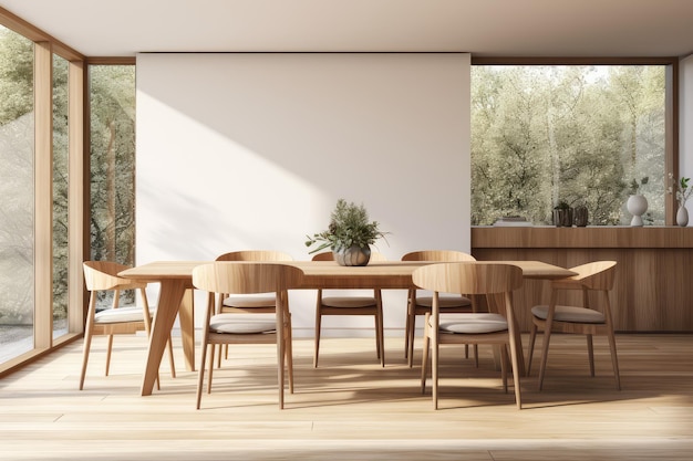 Interior of modern dining room dining table and wooden