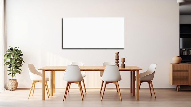 Interior of modern dining room with white walls concrete floor long wooden table with white chairs and vertical mock up poster frame 3d rendering