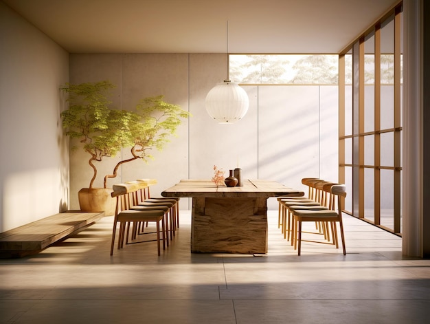 Interior of modern dining room with wooden table and chairs Generative AI