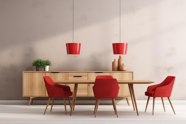 Interior of modern dining room wooden table and red chair