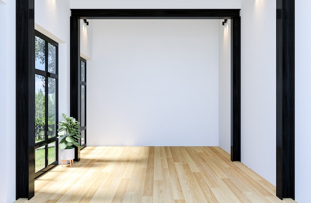 Foto interno di hall open space vuoto moderno con la grande finestra e pavimento di legno duro, rappresentazione 3d