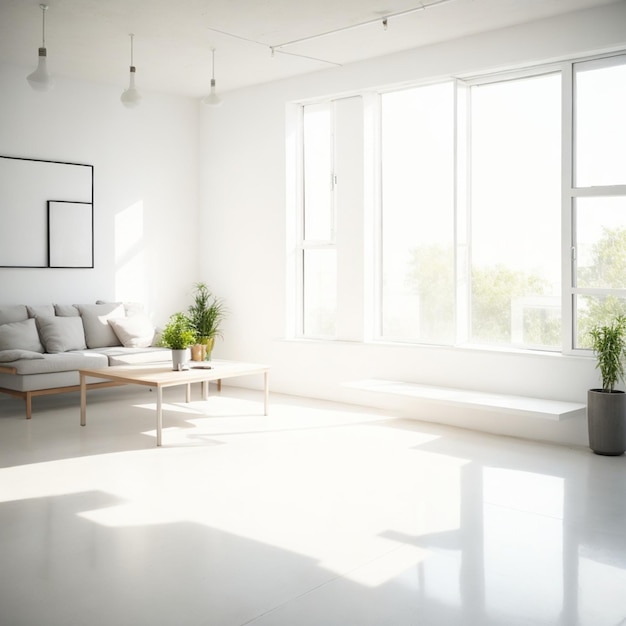 Interior of modern empty room with white walls concrete floor wooden coffee table and window