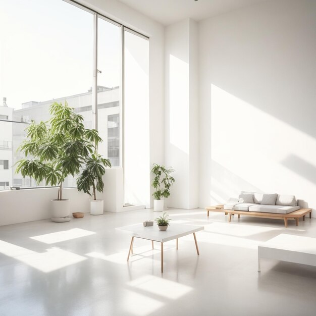 Interior of modern empty room with white walls concrete floor wooden coffee table and window