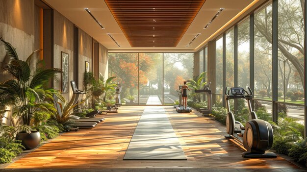 Interior of a modern fitness club with treadmills