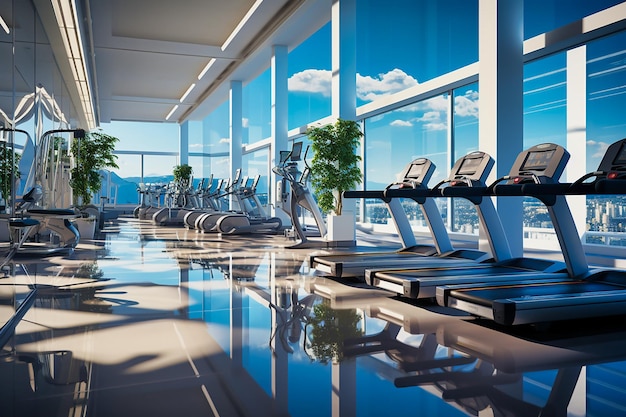 Interior of a modern fitness hall with a row of treadmills