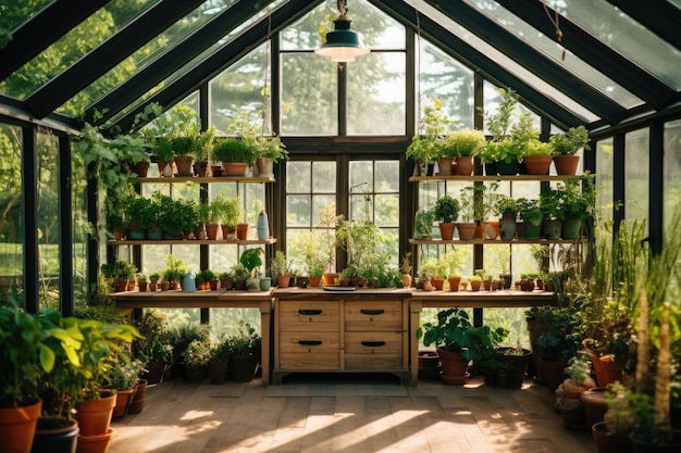 Interior of a modern greenhouse with plants in pots on the windowsill greenhouse with plants indoor gardening AI Generated