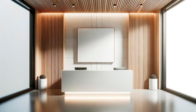 Foto interno della moderna hall dell'hotel con bancone della reception bianco e pareti in legno ia generativa