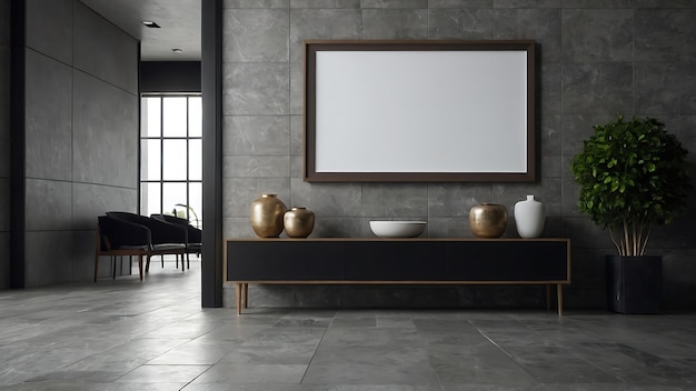 Interior of modern hotel reception hall with black and white walls tiled floor