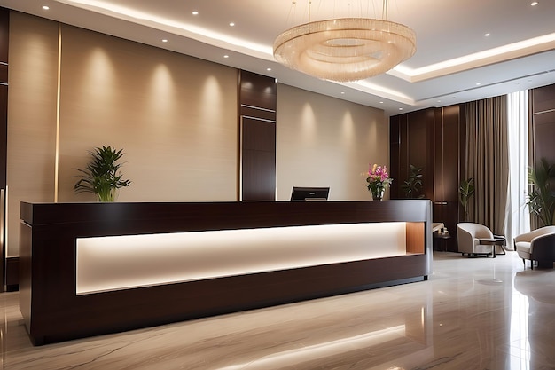 Interior of a modern hotel reception with a wooden reception desk