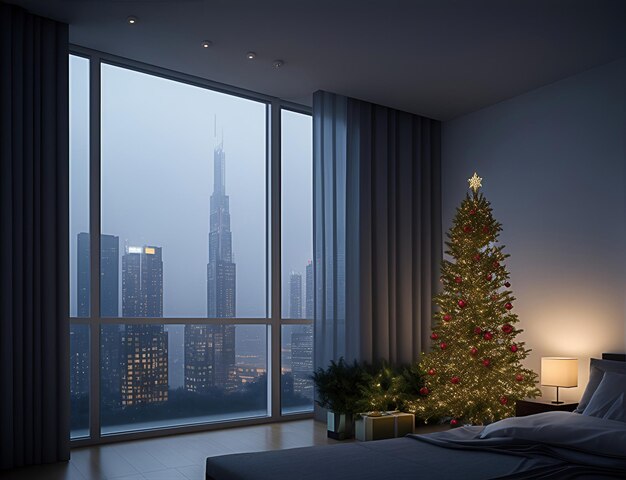 Interior of a modern house decorated for Christmas with a beautiful Christmas tree