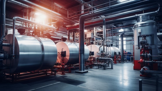 Interior of modern industrial boiler room with large metal tanks and pipes at industry