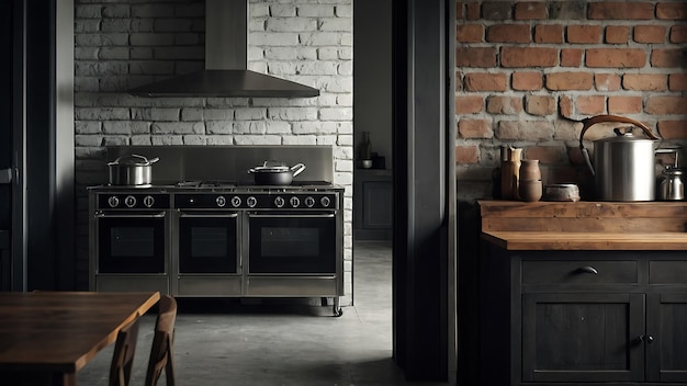 Interior of modern kitchen with black and white brick wall and wooden furniture