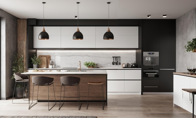 interior of modern kitchen with black and white walls wooden floor grey countertops and wooden cupbo