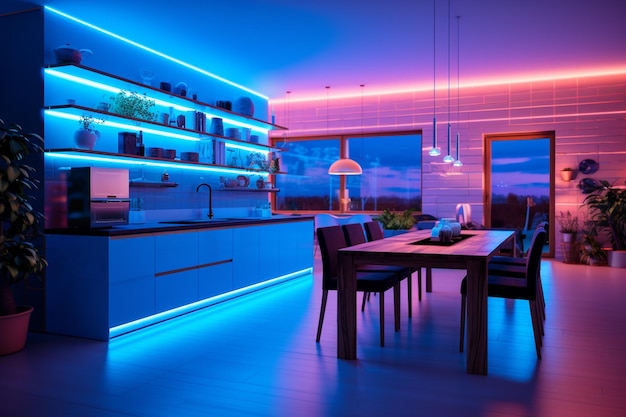 Interior of a modern kitchen with blue and purple neon lighting 3d rendering