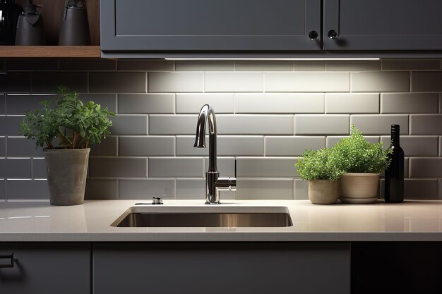 Interior of modern kitchen with countertop sink faucet and plant