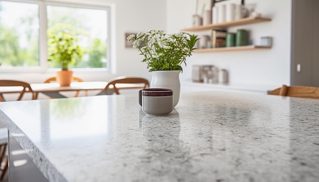 Interior of modern kitchen with white marble countertop and glass vase with plant