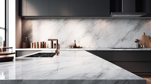 Interior of modern kitchen with white marble countertop and woodenx9