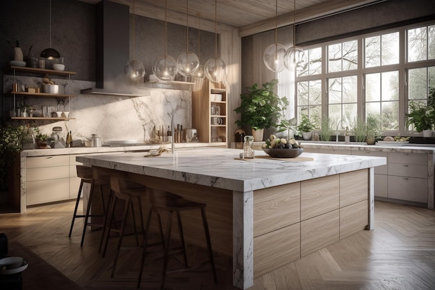 Интерьер современной кухни с деревянными стенами, бетонным полом, серыми столовыми поверхностями и древесными шкафами
