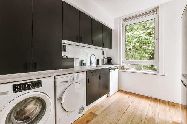 Interior of modern laundry room with white walls