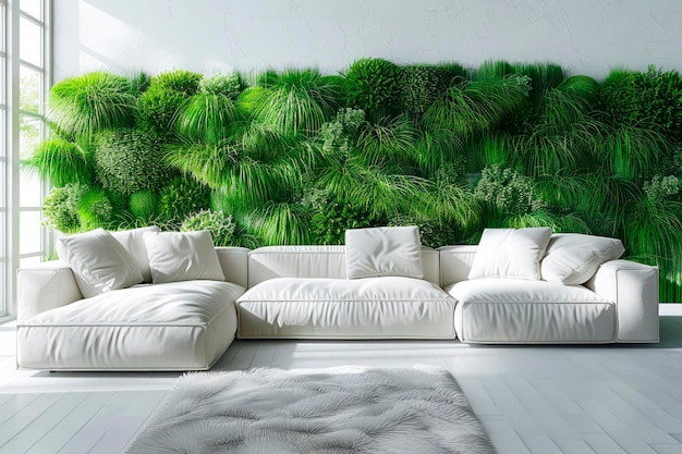 Foto interno di un moderno soggiorno leggero decorato con una parete verde verticale fatta di erba e piante