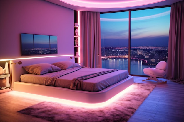 Интерьер современной гостиной с голубыми светящимися огнями 3d-рендеринга