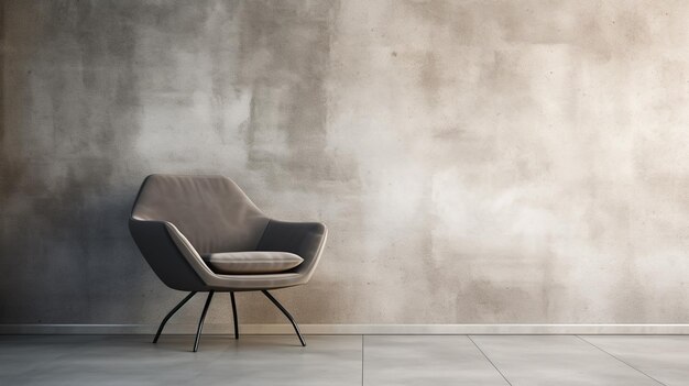 Интерьер современной жилой серой стены с белым стулом на бетонном полу