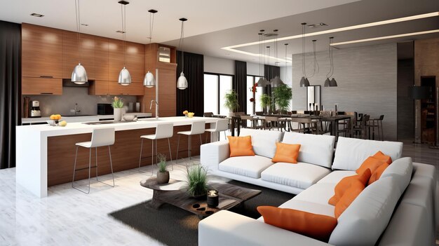 Interior of modern living room and kitchen with comfortable sofam and coffee table Ai Generated