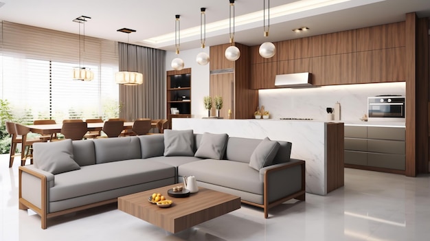 Interior of modern living room and kitchen with comfortable sofam and coffee table Ai Generated