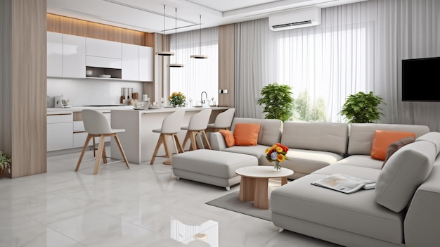 Interior of modern living room and kitchen with comfortable sofam and coffee table Ai Generated