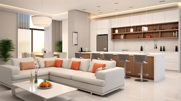 Интерьер современной гостиной и кухни с удобным диваном и журнальным столиком Ai Generated