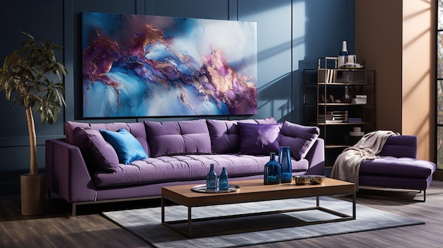 Интерьер современной гостиной в сиренево-фиолетовых тонах