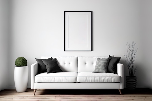 Interior of a modern living room Mockup for frames White wall close to white couch