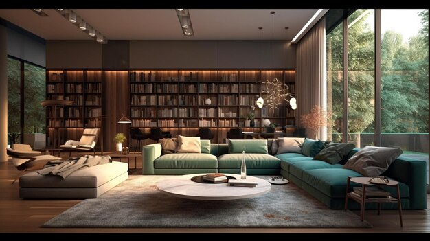 Interior of modern living room panorama 3d rendering 4 Generative AI