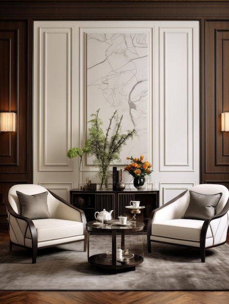 Интерьер современной гостиной с акцентом кофейный стол и классические узоры кресла панели