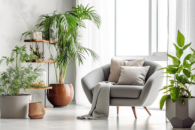 Interior of modern living room with armchair and plants in pots