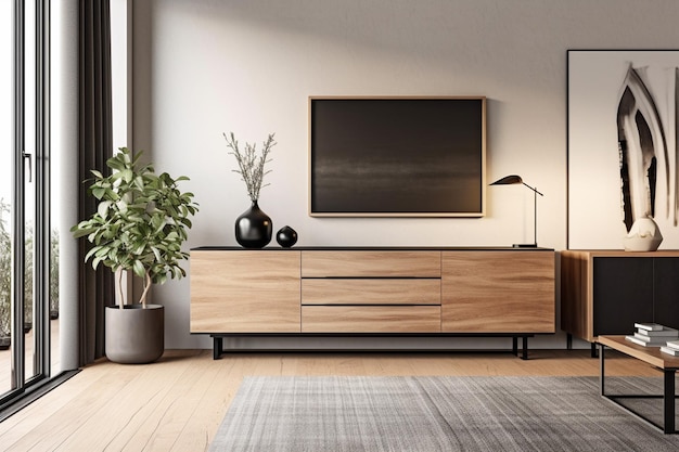 Photo interior of modern living room with black sideboard over white wall with wooden paneling contempora