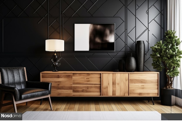 Photo interior of modern living room with black sideboard over white wall with wooden paneling contempora